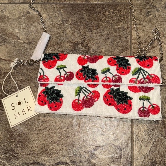 SOL MER Handbags - NWT‎ VIRAL SOL MER White Beaded Cherry & Strawberry Clutch Crossbody Bag